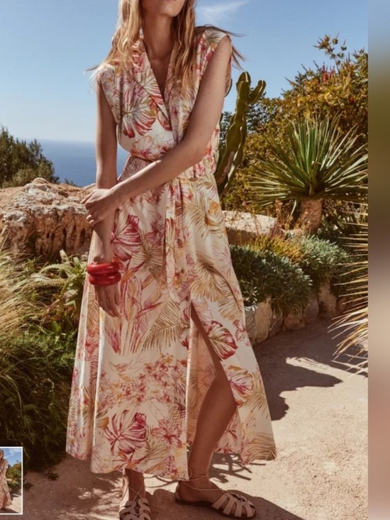 Zara Dresses & Skirts - Zara Cream li en blend Maxi Dress with Pink & Yellow Tropical Print